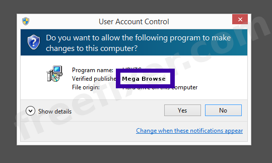 Screenshot where Mega Browse appears as the verified publisher in the UAC dialog
